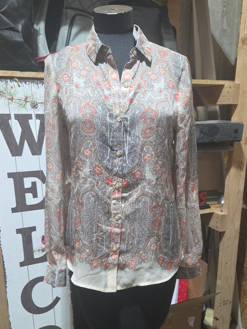 Paisley Button-Front Shirt - Beige and Coral